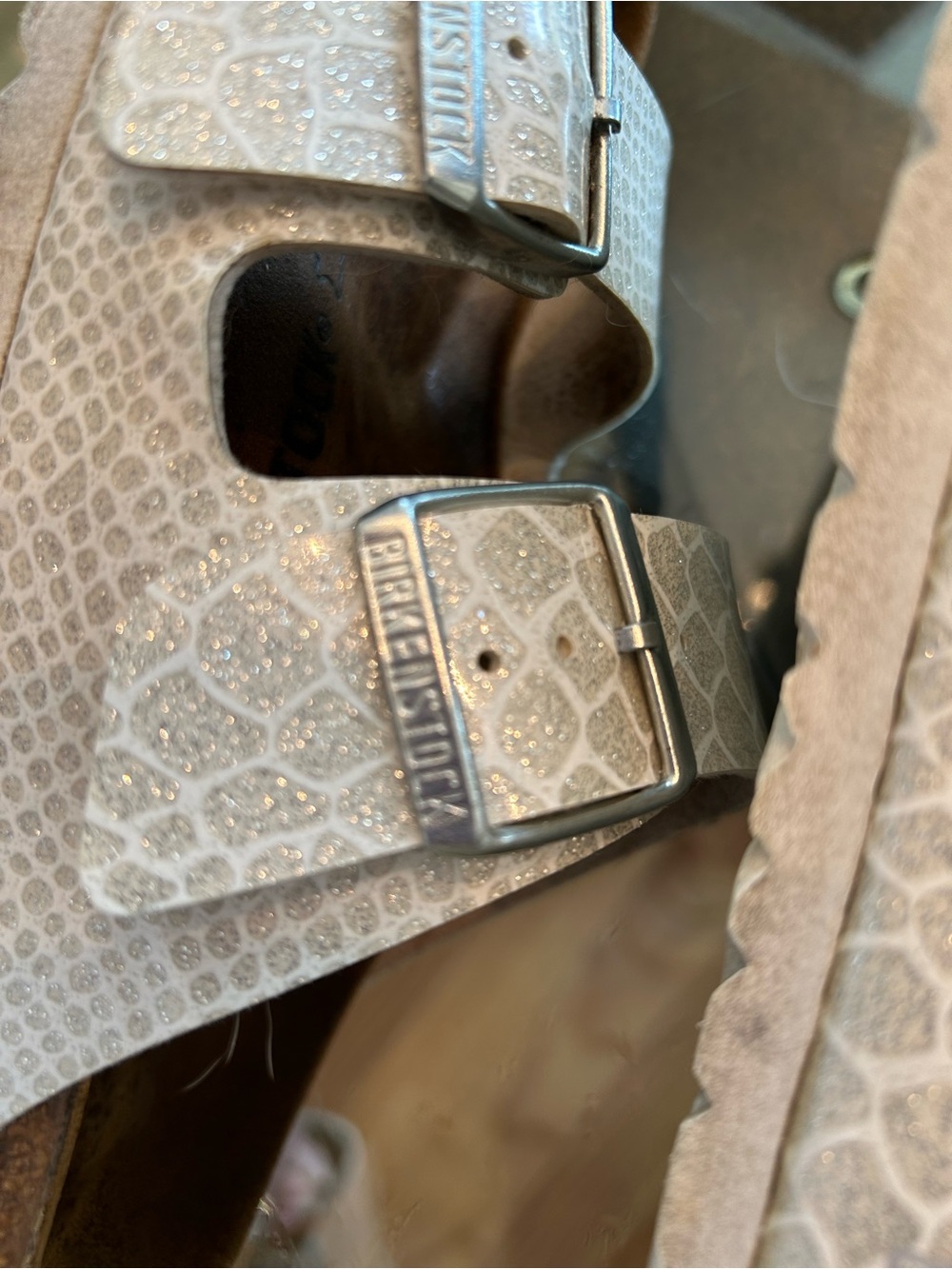 Birkenstock Arizona Two-Strap Sandals in Light Beige Croc-Embossed - Picture 6 of 9